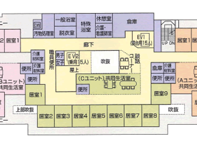 施設配置図 内観 施設内の配置図です。各エリアの位置関係が一目でわかるようになっています。