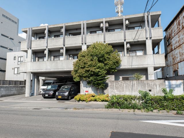 都会のコンクリート建築 外観 様々な樹木に囲まれた都会の建物です。近代的な造りで、周囲の環境と調和しています。