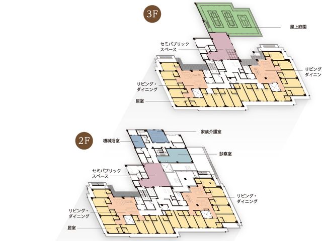 施設全体の配置図 内観 2階と3階のフロア配置が一目でわかる図です。リビングやダイニングの位置が確認できます。