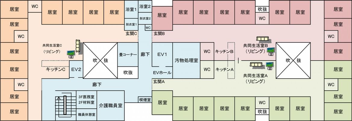 広いリビングが特徴の建物図