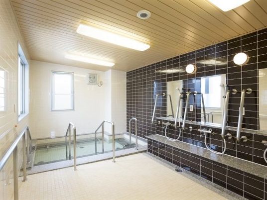 大きな浴槽が設置された浴室は洗い場も広く、シャワースペースもある。浴槽には手すりや階段もついている。