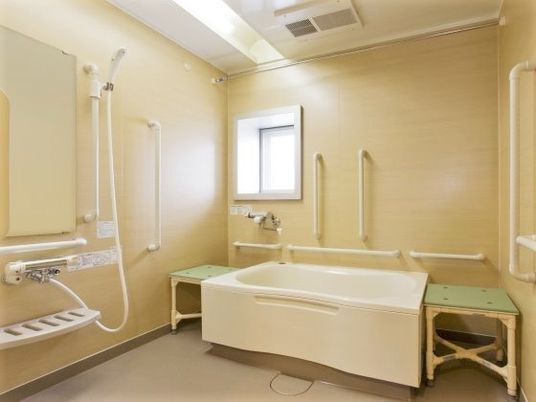 浴槽の両サイドにベンチが付き、手すりも多めについている。シャワー付きの広い浴室。