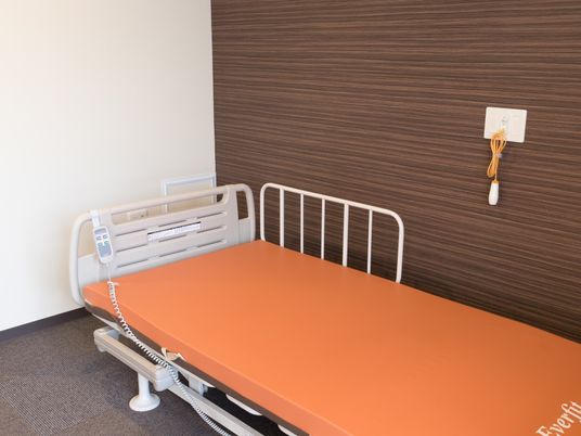 電動式のリクライニング介護ベッドが居室の一画に置かれている。ベッドには転落防止の柵などが備え付けられ、壁にナースコールも設置されている。
