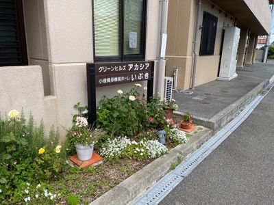 花壇と看板のある建物外観