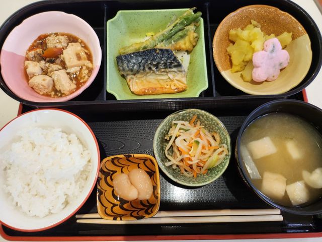 豊かな食事が並ぶトレー 食堂 色とりどりの料理が提供される食堂は、栄養バランスの取れた食事を楽しめる場所です。