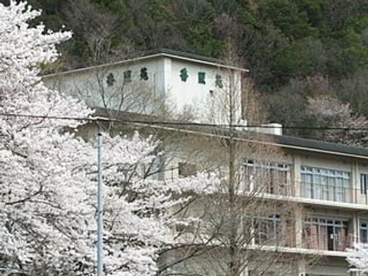 桜に囲まれた建物の外観  