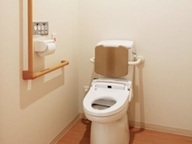 手すり付きのトイレ トイレ 手すりが設置されたトイレは、介護が必要な方にも安心です。広めの設計で快適に利用できます。