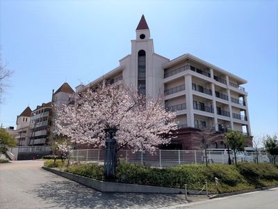 桜並木のある建物外観