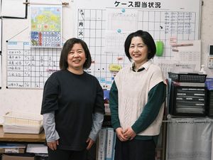 スタッフ2人と掲示板の事務室  