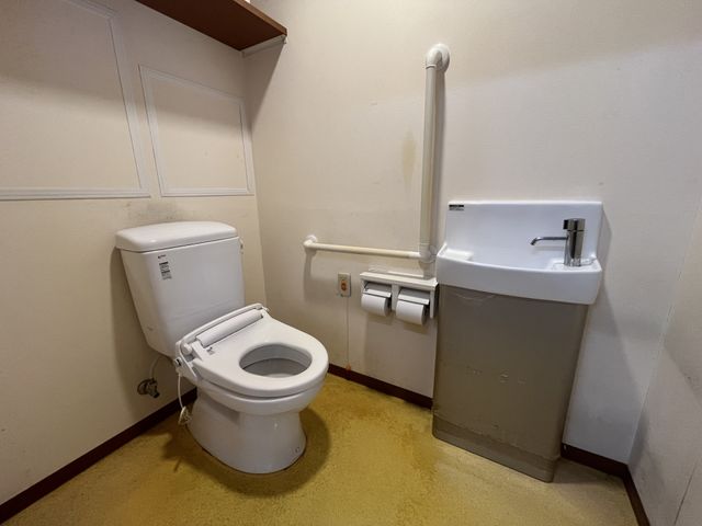 手すり付きトイレ トイレ   手すりが複数あり、移動時の支えに配慮されたトイレです。洗面台も近く、身支度や清掃のしやすさが伝わります。