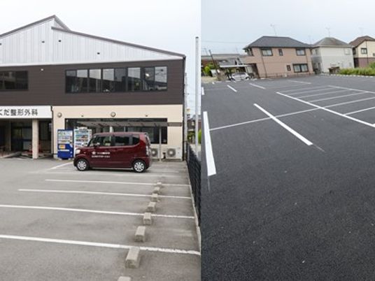 建物外観と駐車場の様子  