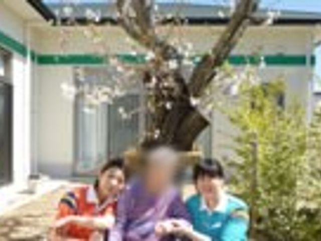 桜の木と職員の様子 中庭 桜の木の下でリラックスすることができ、職員が利用者との交流を大切にしています。