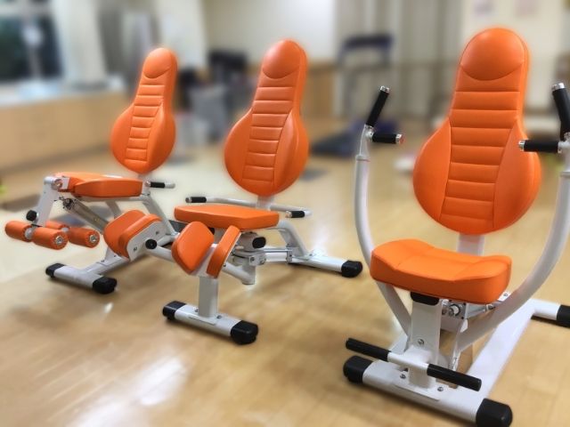 運動器具が並ぶ部屋 ジム 自然光が心地よい空間で、安全に使える運動器具が揃います。健康維持に役立つ設備です。