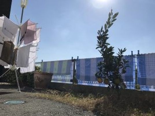洗濯物が干された中庭  