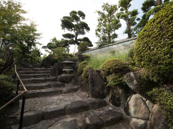 石段と緑豊かな庭園