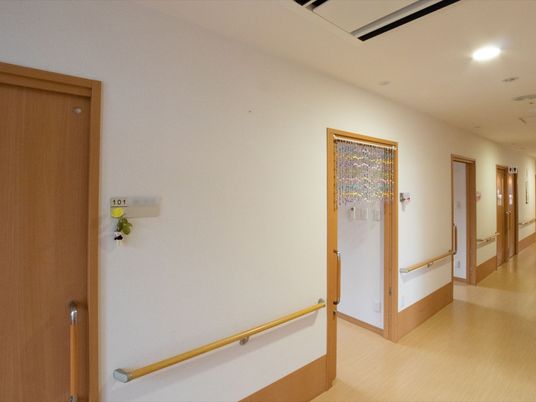 共有廊下には、扉が多数並んでいる。居室扉の脇には、部屋番号のプレートに小さなマスコットが下がっており、隣の扉にはすだれがかかっている。