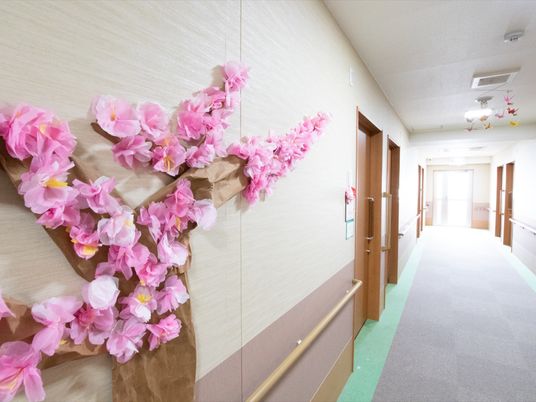 桜飾り付けのある廊下