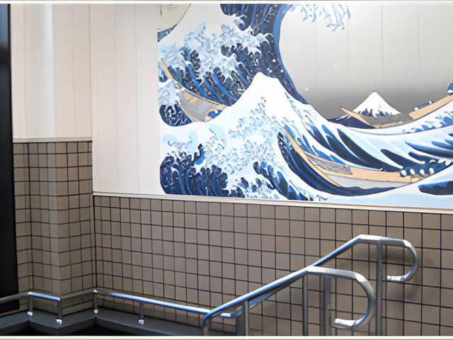 明るい壁画の浴室 浴室 鮮やかな壁画が特徴の清潔な浴室です。壁には手すりがあり、安全面にも配慮されています。