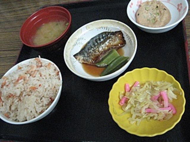 和食の提供食 料理 栄養バランスのとれた和食です。ご飯、煮魚、味噌汁と副菜で、入居者の健康をサポートします。