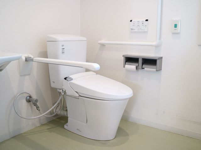 バリアフリー設計トイレ 共用トイレ 安全で使いやすいサポートバー付きの単独トイレです。ご利用者の快適さと移動のしやすさを考慮して設計されています。