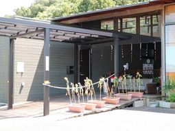 屋外の木造エントランス