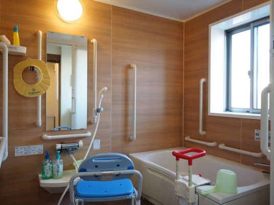 浴室は洗い場が広くとってあり、安全な椅子が設置されている。浴槽の横や壁面にたくさんの手すりが備わっている。