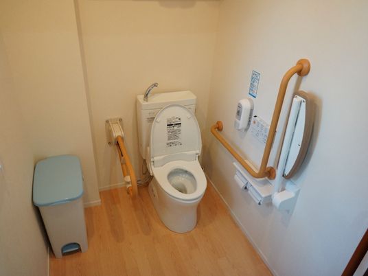 トイレは広く、車椅子でも入れるスペースがある。手すり・ウォッシュレット完備で、大きなゴミ箱が設置されている。