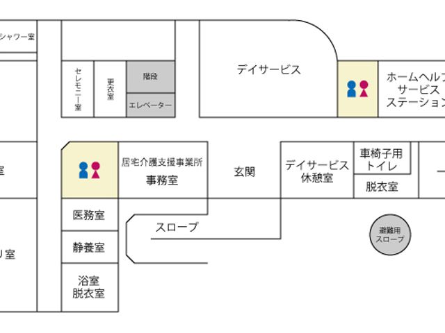 詳細な施設の間取り図 内観 施設内部の様子が、各部屋の用途と位置がすぐに分かるように示されています。