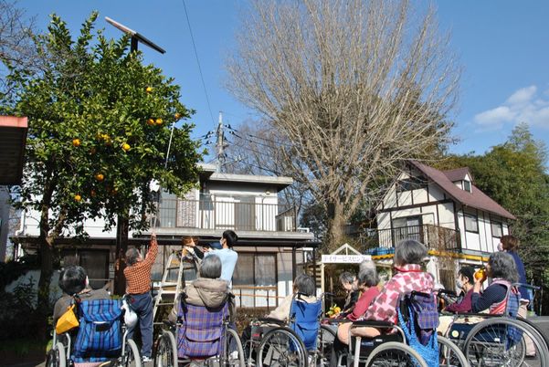 車椅子利用者と庭  
