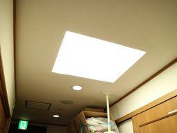 廊下の照明と非常口標識