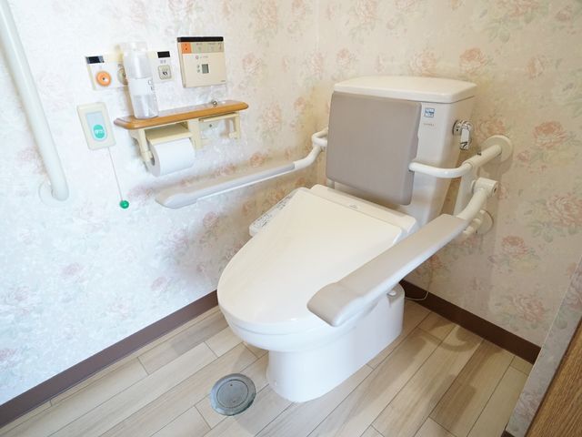 バリアフリー設計のトイレ トイレ 安全かつ自立した使用を支援する手すり付きの快適なトイレです。介助が必要な方でも使いやすく設計されています。