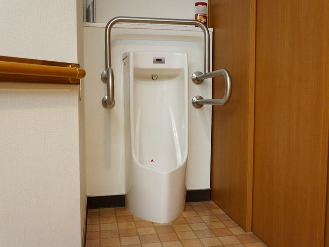 手すり付きの洗面台 男性用トイレ 安全に配慮された洗面台は、手すりがついており立ち上がりも安心です。すっきりとしたデザインで、清潔感が保たれています。