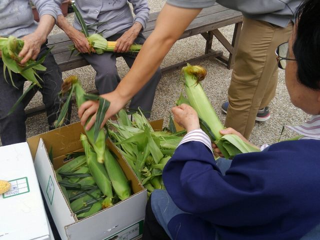 皆で野菜を収穫する中庭 中庭   自然に囲まれた空間での野菜収穫の様子です。入居者同士の交流の場ともなっています。