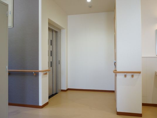 銀色の扉のしっかりとしたエレベーターが設置されている。廊下はフローリングで、壁は全面に手すりが備わっている。