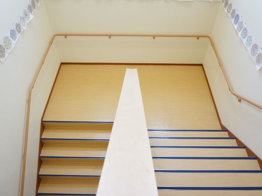 階段は段が広めで、比較的緩やかな傾斜になっていて、一続きの腰の高さの手すりが付いている。踊り場のスペースも広い。