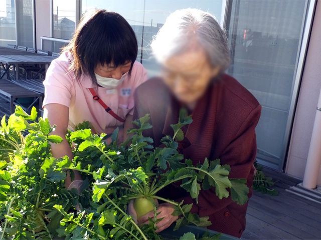 スタッフが支える屋外 テラス 爽やかな空気の中、植物のお世話をされている様子が見られる屋外スペースです。