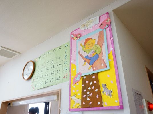 カレンダーと掲示物がある壁