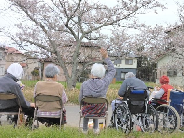 お花見を楽しむ方々の様子 庭 車椅子でも快適に楽しめるお花見の庭です。利用者同士の会話が弾む、穏やかな時間が流れています。
