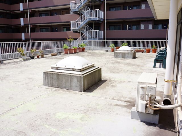 広々した清潔な中庭 屋上 日差しの心地よい庭空間で、穏やかな時間を過ごせる施設です。植物に囲まれた開放的な雰囲気をお楽しみください。