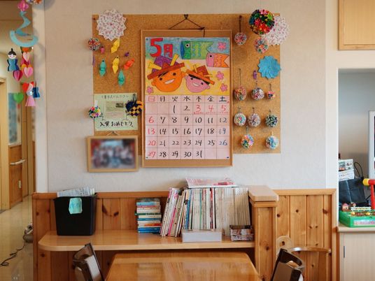 カレンダーと手作り飾りの壁