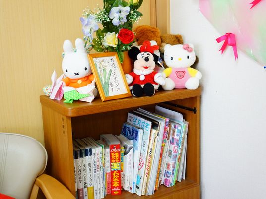 棚に飾られたぬいぐるみと本