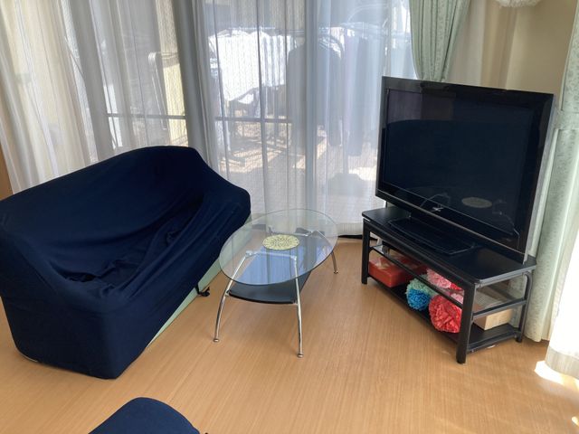 陽光注ぐラウンジ ラウンジ 自然光が差し込む明るい空間で、リラックスしながらテレビを楽しめます。ソファで快適に過ごせます。