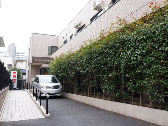 建物前の車と緑