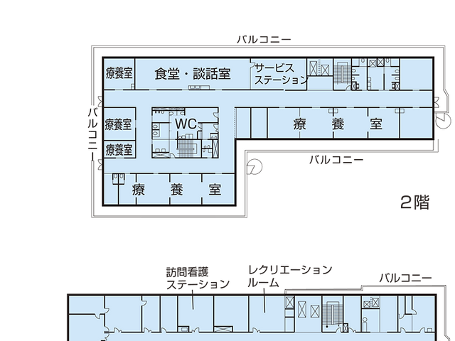 施設のフロアマップ 内観 施設の多機能を一目で把握できるフロアマップです。介護職員としての配置を考える際に役立ちます。