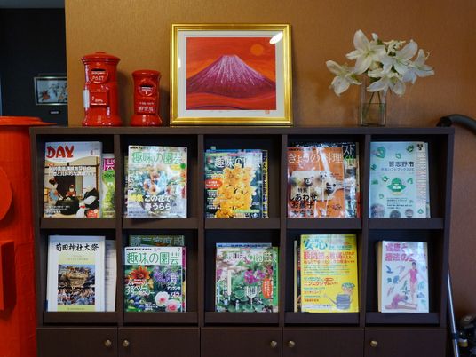 書棚には様々な雑誌が表紙を表に並べられているので探したい本が見つけやすくなっている。ポストなどの飾り物も置いてある。