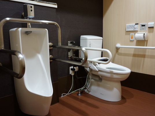 洋式便器と男性用便器の両方を備えたトイレには、手すりが多く備えられている。緊急呼び出しボタンが付いている。