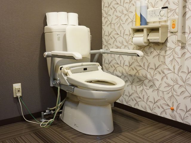 手すり付きトイレ トイレ 手すりとレバー操作により、立ち座りが容易な設計のトイレです。利用者の自立を支える配慮が感じられる空間となっております。
