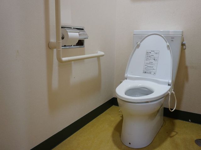 手すり付きの清潔なトイレ トイレ 手すりが設置された安全に配慮したトイレです。利用者の日々の快適性を支える設備が整っています。