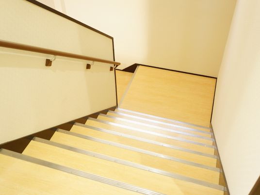 階段は幅広く、各段の縁には滑り止めがつけられ、片側には腰の高さで手すりが備わっていて転倒防止になっている。