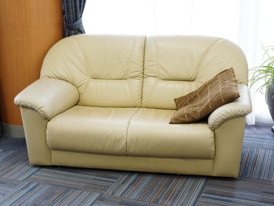 入居者の方がくつろげるように、2人がけの白い革張りのソファーが置かれている。四角い茶色のクッションが置かれている。